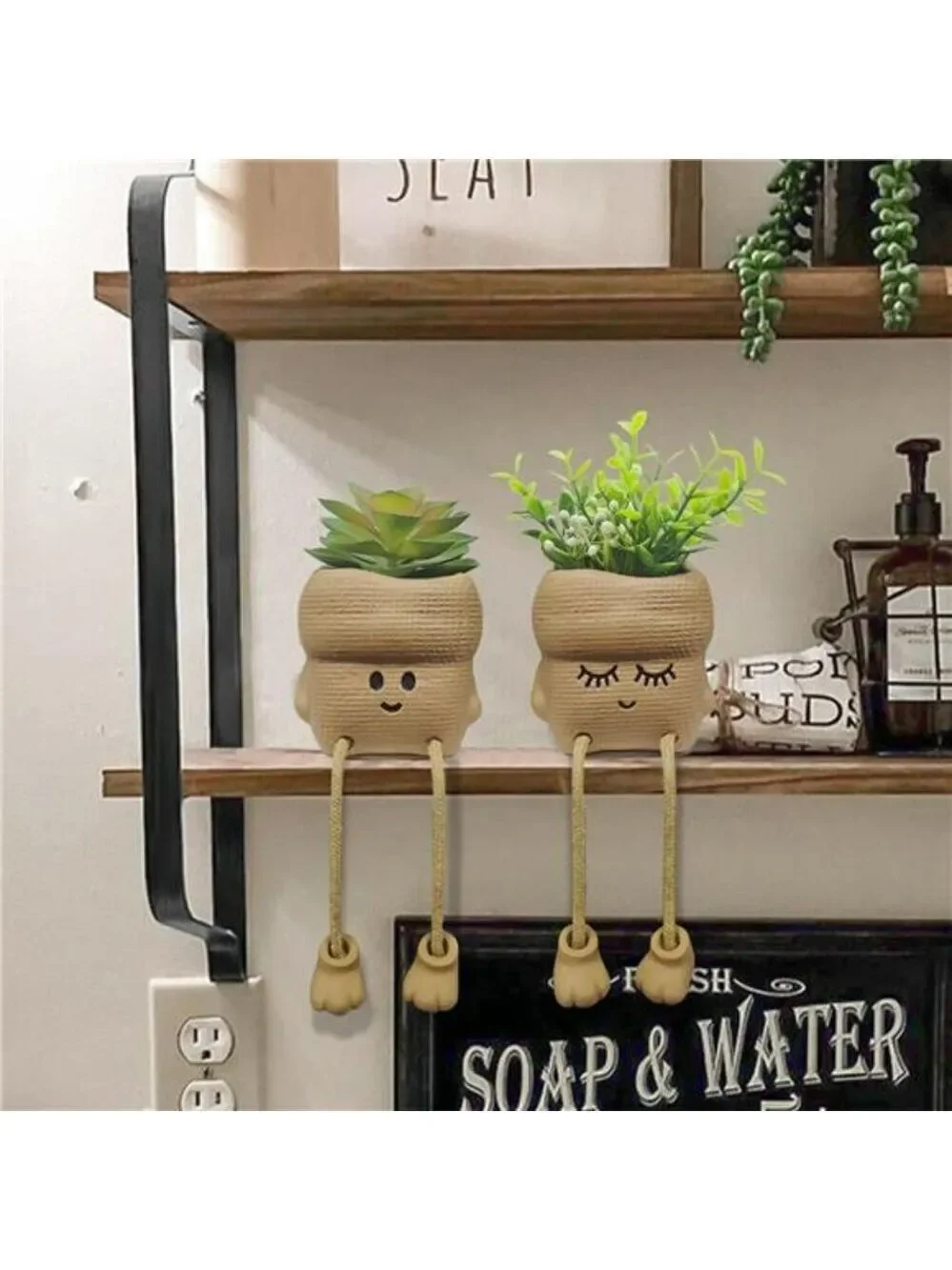 Set of 2 Smiley Face Succulent Planters with Artificial Plants Small Home Office
